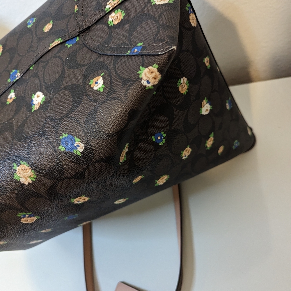 Coach Brown Floral Logo Tote with Blue and Cream Accents - Picture 8 of 16